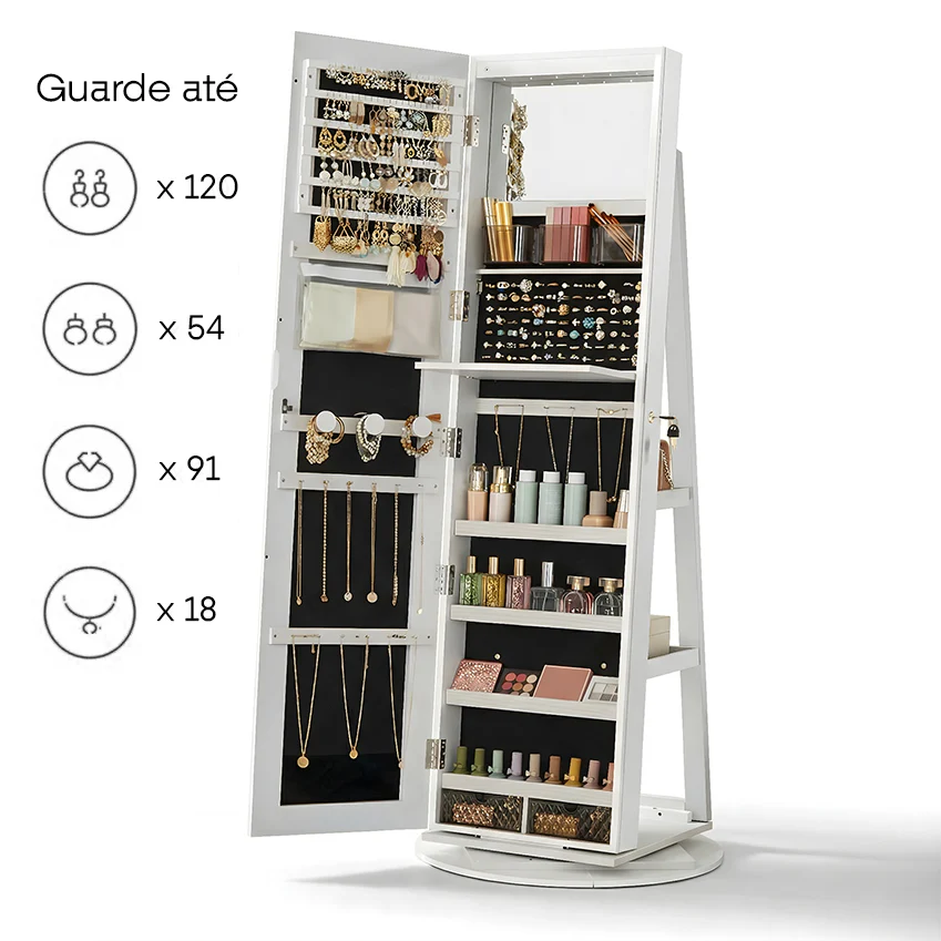 Espelho Organizador Giratório 360° com LED e Fechadura
